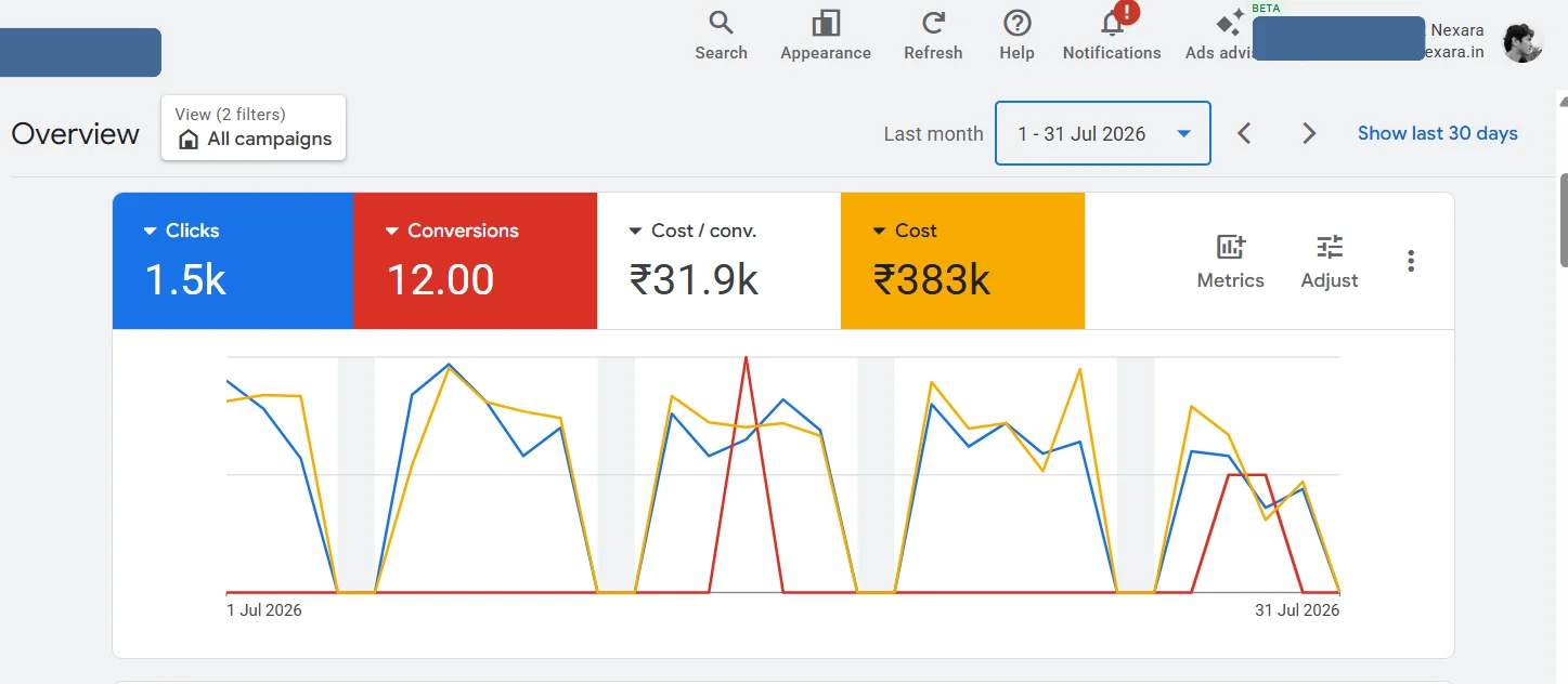 Google Ads results before Nexara, 1–31 July